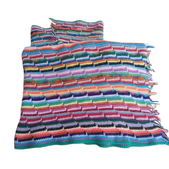 1980's Crochet Afghan Blanket Retro Rainbow Throw Fringe Ends Upcycled 67" x 52" - Picture 10 of 14